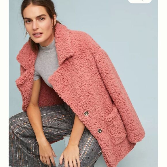 Anthropologie Pink Sherpa Hidden Button Up Jacket XS - Picture 2 of 7